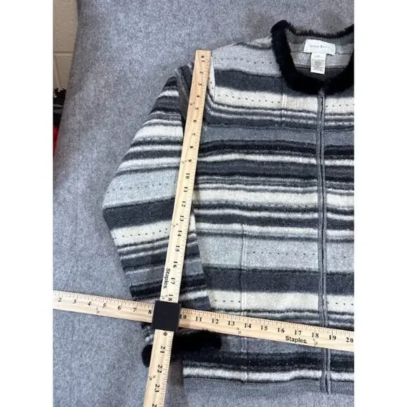 VTG Susan Bristol Hand Embroidered Wool Cardigan Womens M Striped Neutral Cozy - Picture 9 of 9